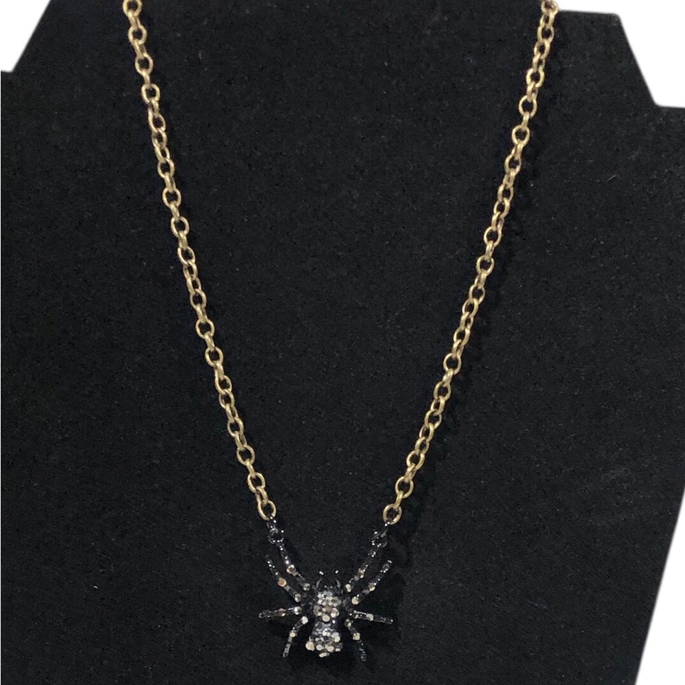 Black & silver spider necklace with rhinestones on a bronze chain - Picture 2 of 3